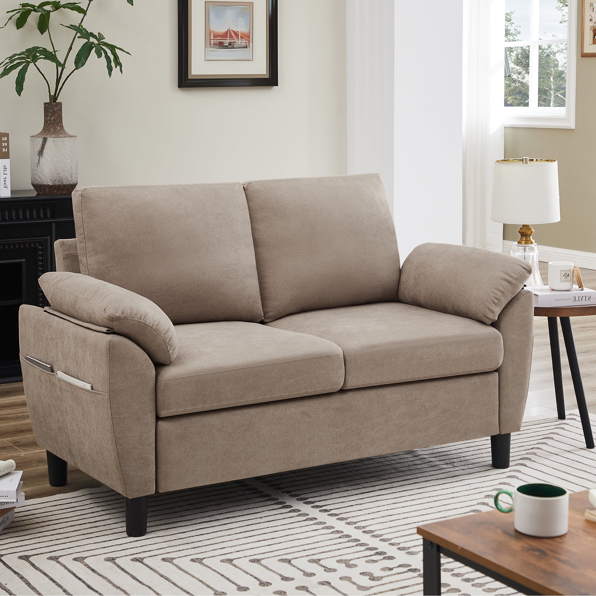Soscana Loveseat with Storage Side Pockets, 2 Seat Sofa Love Seat Small Couch for Living Room Bedroom Apartment Office Studio,Beige