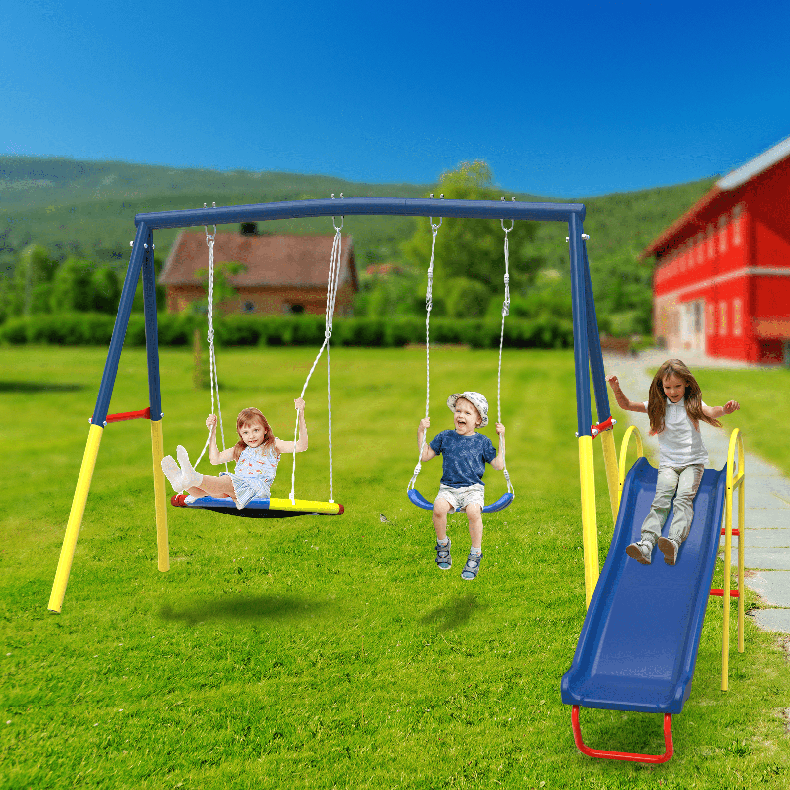 Aukfa Amictoy 3-in-1 Swing Set, Heavy-Duty Backyard Swing Set with 32" Saucer Swing, Belt Swing & Slide for Kids, Outdoor Playground, Blue