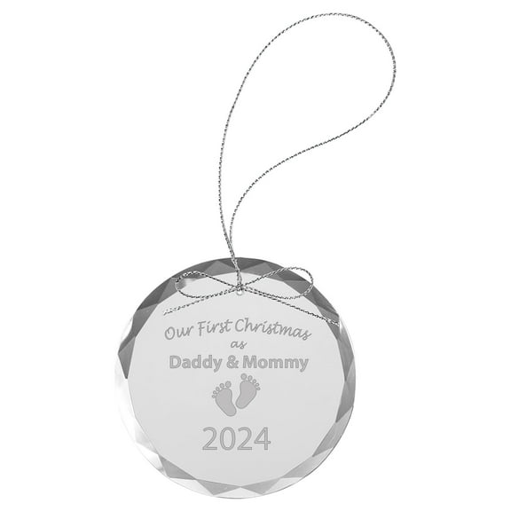 Our First Christmas as Daddy & Mommy - 2024 - Laser Engraved 3-1/4-inch Etch Handmade Xmas Round Clear Etched Crystal Glass Circle Inspirational Christmas Ornament with String