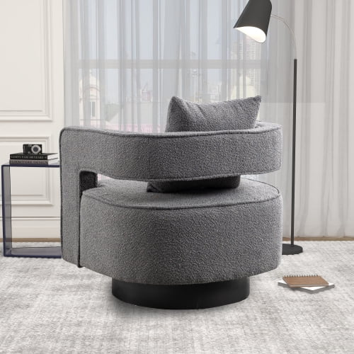 Leumius Swivel Accent Chair with Open Back,Modern Single Sofa Chair With Weathered Base for Nursery Bedroom Living Room Hotel Office, Club Chair Leisure Arm Chair for Lounge,Gray Boucle