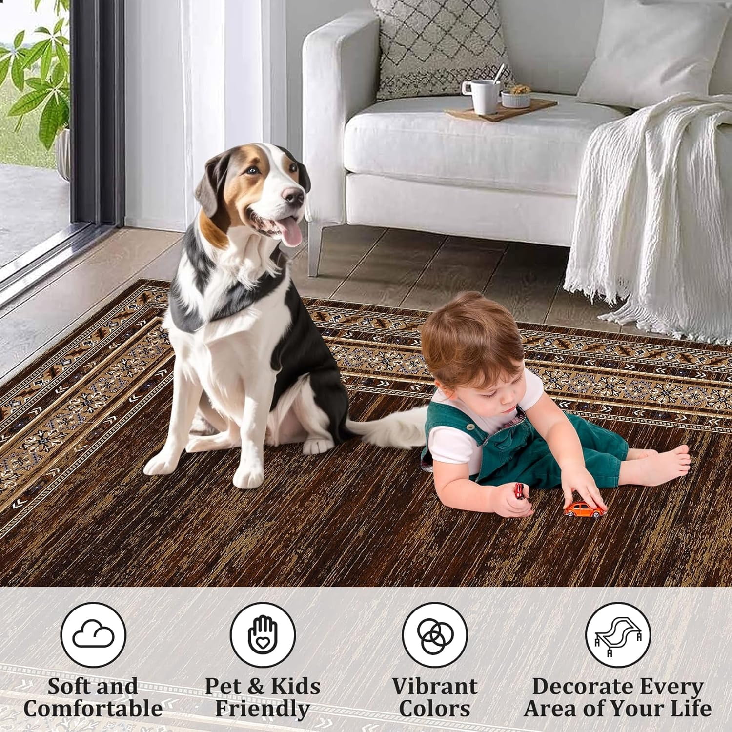 Memoryfield 9'x12' Area Rug, Modern Bordered Washable Rugs Soft Foldable Accent Rugs for Indoor Living Room Bedroom, Red Brown