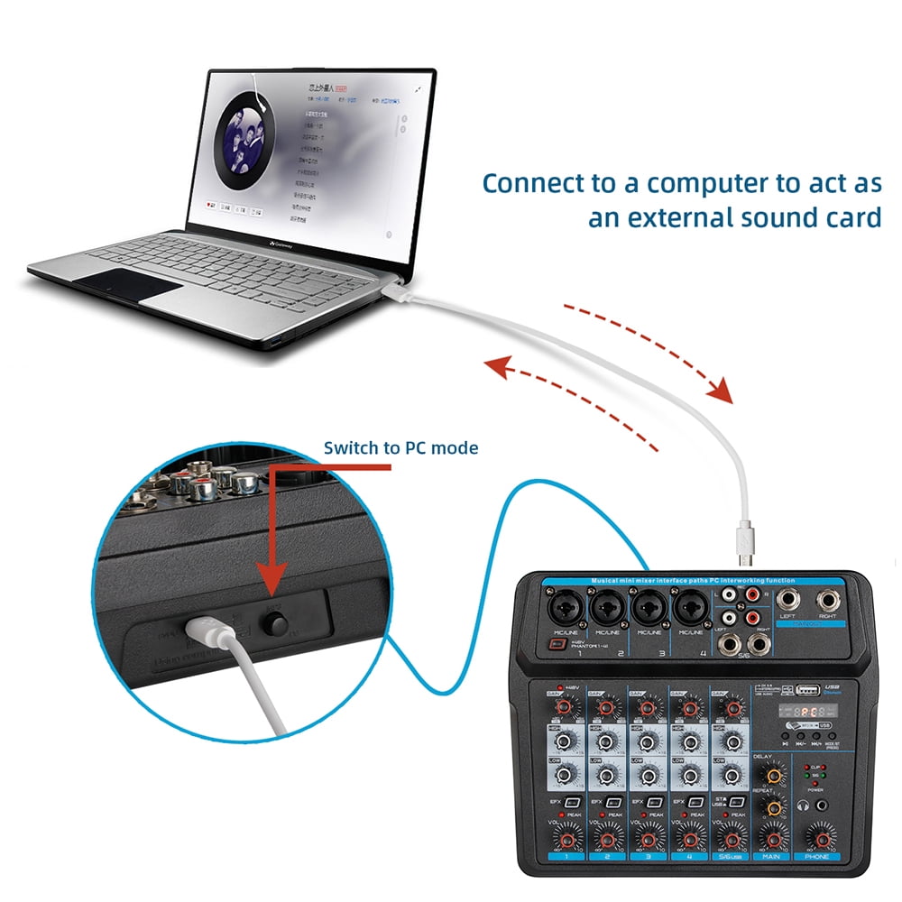 6-Channel Audio Mixer with Bluetooth, USB, and LED Display, Featuring Phantom Power and&nbsp; Sound Control for&nbsp; Use