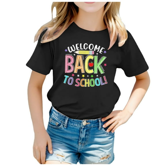Gunia Cute Shirts for Teen Girls Children Back To School Season Cute Graphic Print Round Neck Short Sleeve Tee Summer Casual T Shirt Tops,Black 3-4 Years