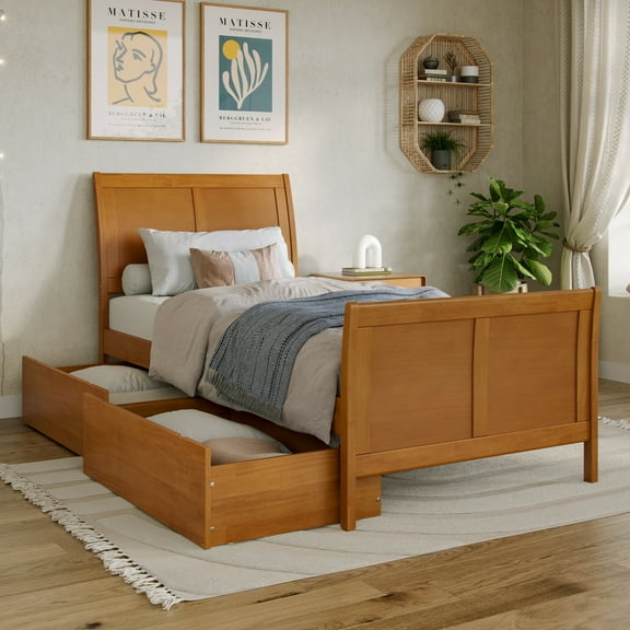 Portland Twin XL Platform Bed with Matching Footboard & Drawers in Light Toffee
