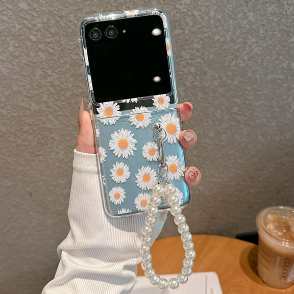Dteck for Motorola Razr Plus 2025 Case with Strap Bracelet Chain, Lightweight Cute Stylish Anti Yellowing Clear Hard PC Shockproof Cover,Little Daisy