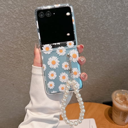 Dteck for Motorola Razr Plus 2025 Case with Strap Bracelet Chain, Lightweight Cute Stylish Anti Yellowing Clear Hard PC Shockproof Cover,Little Daisy