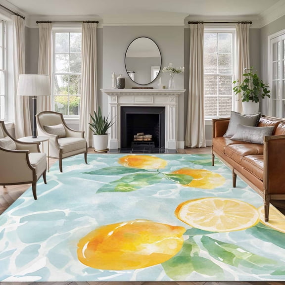 Area Rug for Living Room, Lemon Non-Slip Indoor Ex Large Carpet for Bedroom/Dining Room, Yellow Fruit Watercolor Aqua Blue Lake Summer Washable Low-Profile Rectangle Floor Runner Rugs - 8 x 10 Ft