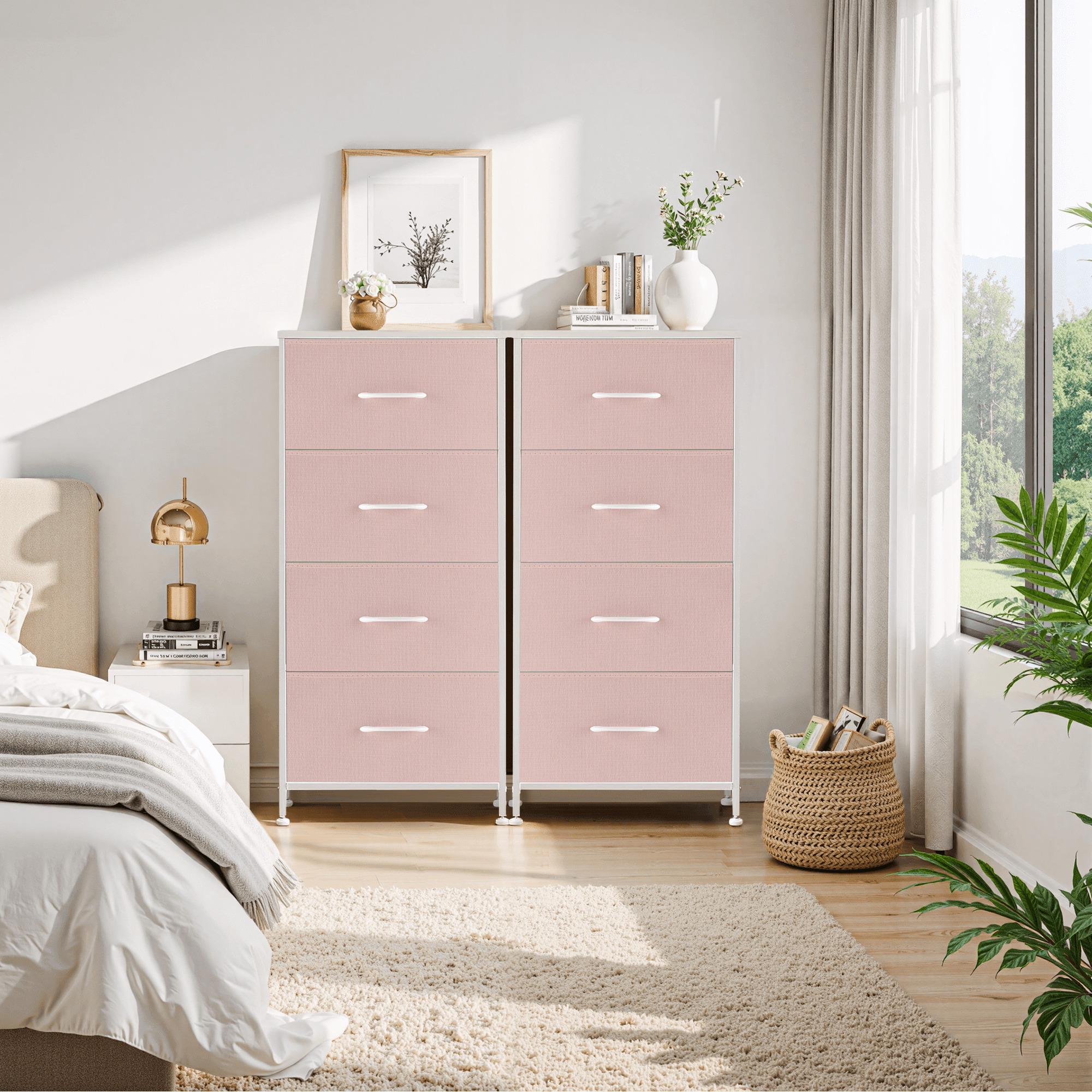 Dresser, Betcozy Storage Organizer with 4 Drawers for Bedroom, Nightstands with Sturdy Metal Frame, Wood Tabletop for LivingRoom, Entryway,Pink