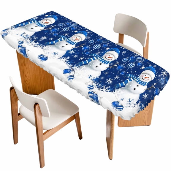 Navy Blue Christmas Table Cloths for 8 Foot Rectangle Tables, Snowman Xmas Snowflake Ball Winter Patio Waterproof Elastic Fitted Tablecloths, Washable Rectangular Table Cover for Camping