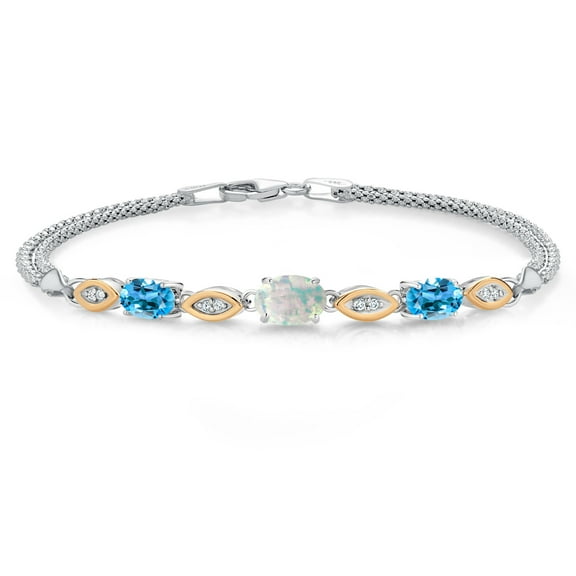 925 Silver and 10K Yellow Gold Simulated White Opal and Swiss Blue Topaz and White Lab Grown Diamond Bracelet for Women (2.16 Cttw, Gemstone October Birthstone, Oval, Wheat Chain, 6.5 inches)