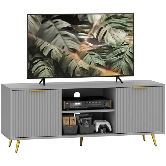 HOMCOM TV Stand with 2 Open Shelves and 2 Cabinets for 55 Inch TV, Grey