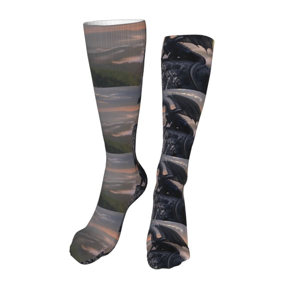 Honeii Black Dragon Cliff Dawn Print Calf Socks Sports Socks Seamless Toe, Trouser Socks,Knee High Long Socks for Women and Men-One Size