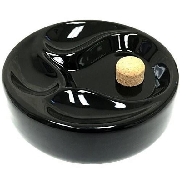 Ceramic Tobacco Ashtray with Cork Cleaning Tap and Holder for Traditional Tobacco Pipes, Large Black Finish