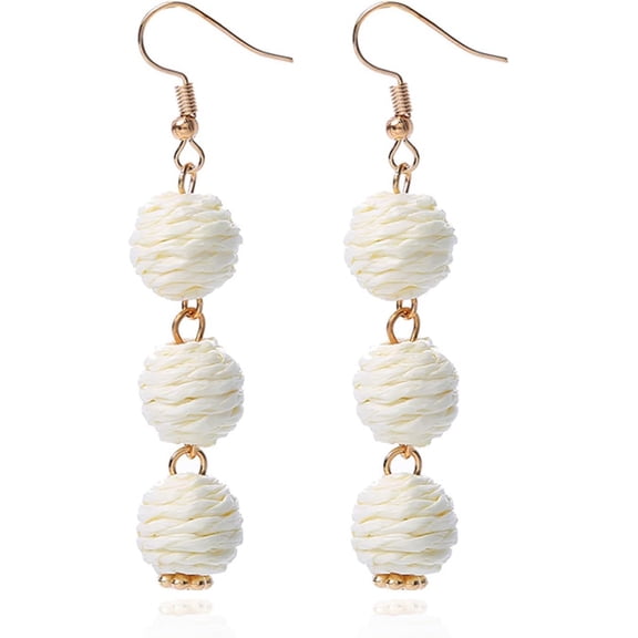 Handcrafted Bohemian Raffia Ball Drop Earrings for Women - Boho Braid Straw Wicker Ball Dangle Earrings for Summer Beach and Vacation