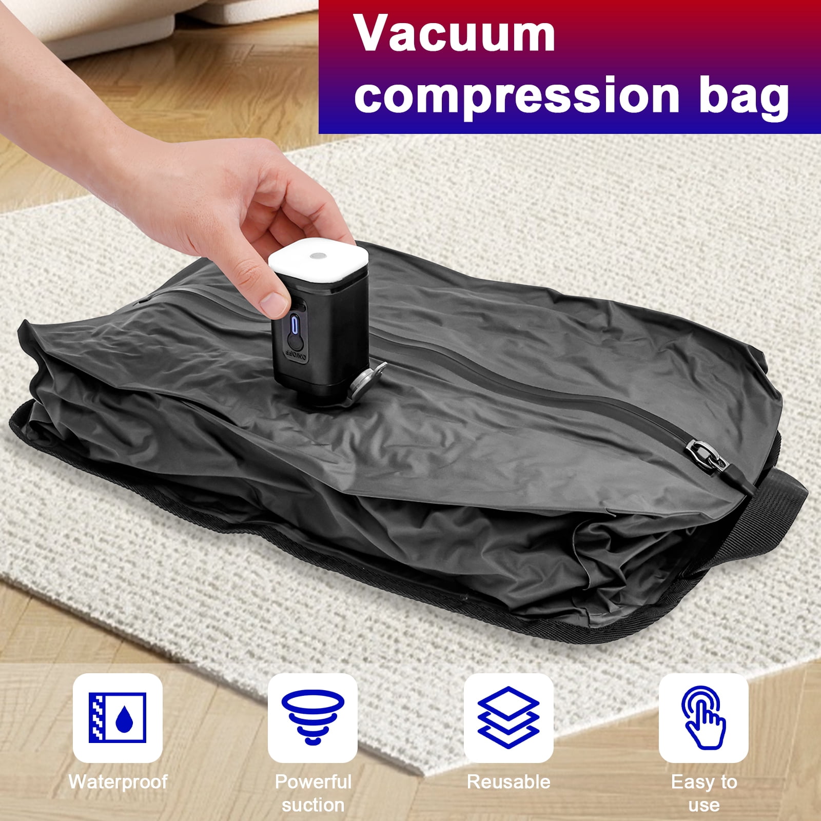 Grusce 2 Pack Vacuum Seal Bag for Traveling with Rechargeable Pump, 17L Compression Packing Cube for Carry On Suitcase and Backpack, Reusable IP67 Waterproof Vacuum Storage Bag