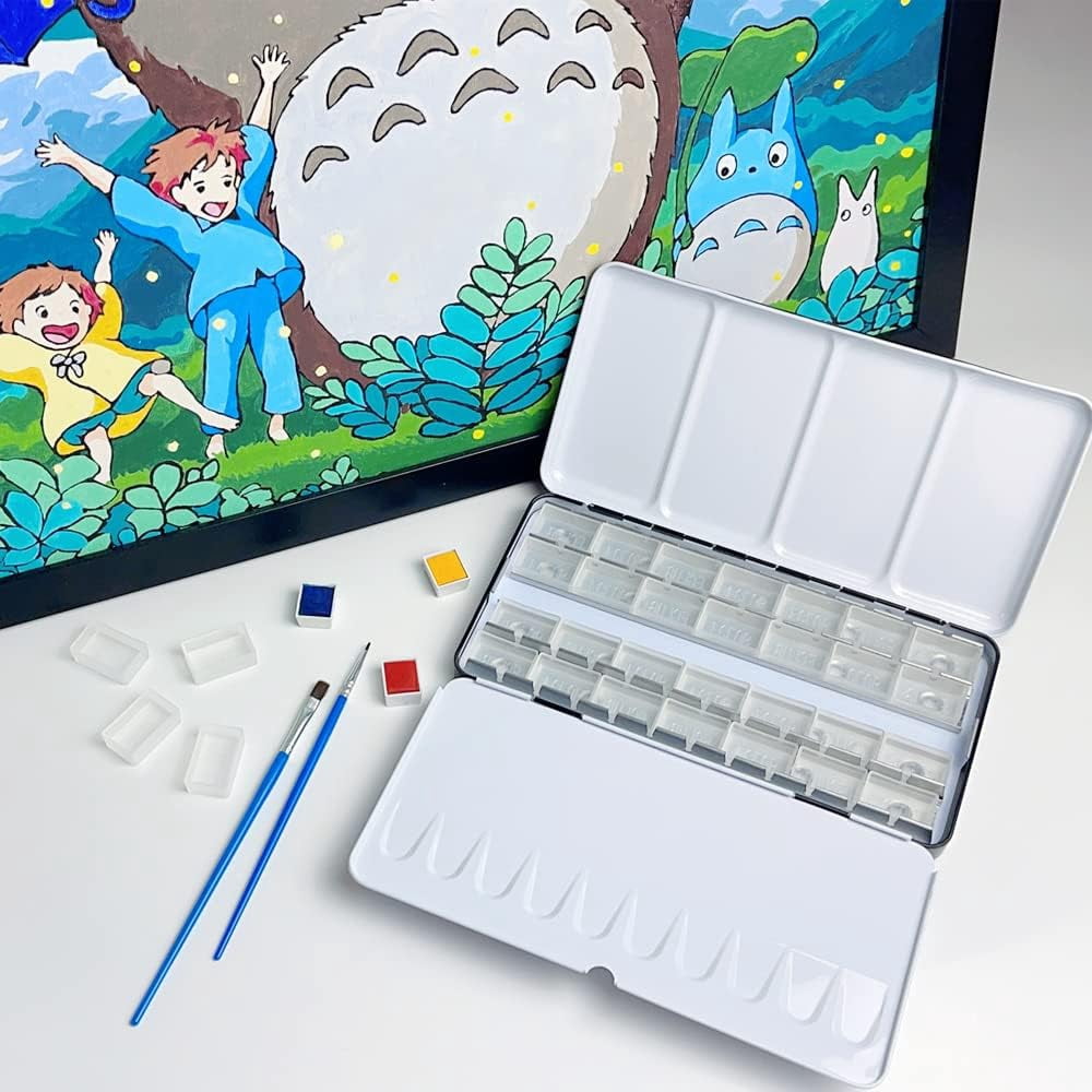 JJEAN-Large Watercolor Palette with 28Pcs Empty Full Pans, Metal Watercolor Paint Tin for Watercolors Oils and Gouache