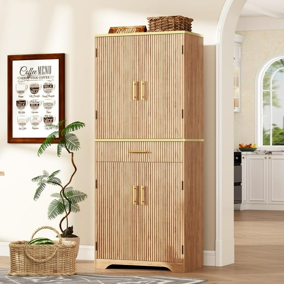 Fluted Pantry Cabinet, 71" Tall Modern Storage Cabinet with 4 Doors, Organizer, Drawer and 8 Door Shelves, Wood Cupboard for Kitchen, Dining Room, Living Room and Bathroom, Natural Oak