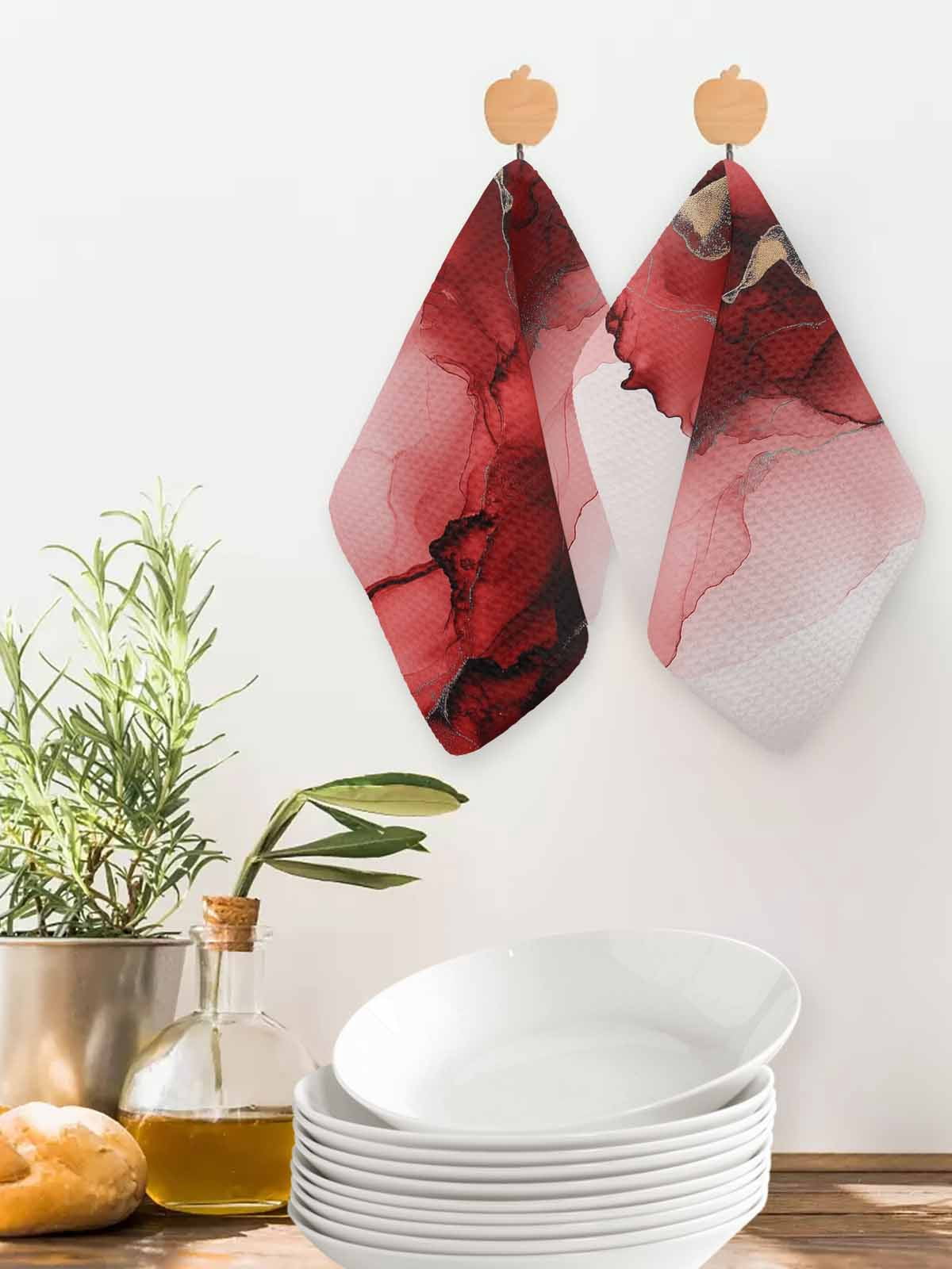 Red Marble Kitchen Dish Towels for Drying Dishes Set of 3, Modern Ombre Abstract Ink Painting Art Waffle Weave Microfiber Hand Tea Bathroom Towels Quick Dry & Absorbent Towel 12x12