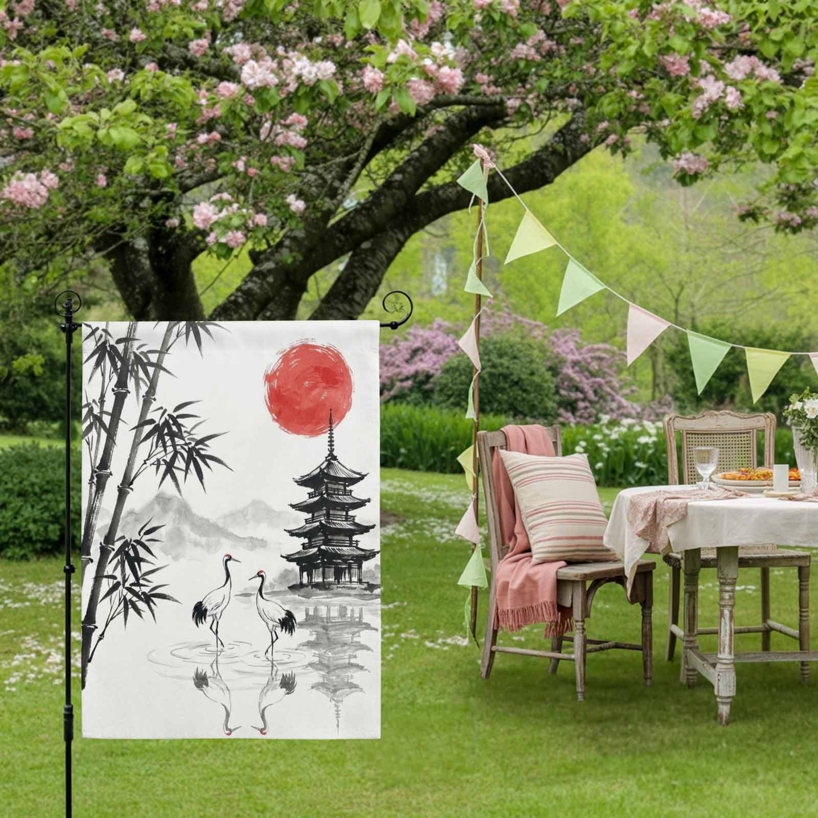 White Crane House Flag 28 x 40 Inches, Ink Wash Gray Black Bamboos Trees Japanese Pagoda Red Sun Weather Proof Outdoor Patio Flags Double Sided Small House Decoration for Yard Lawn Outside Home