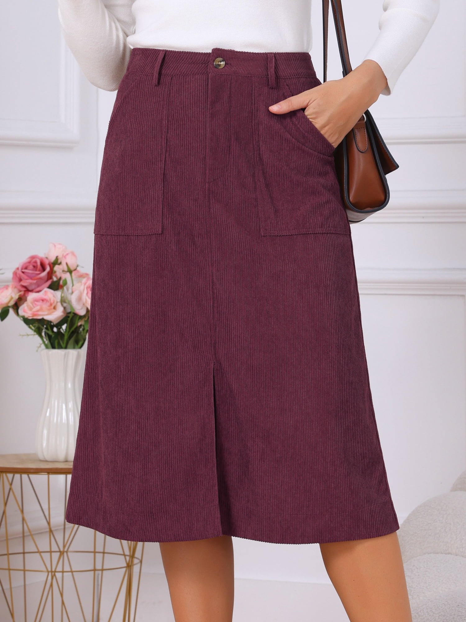DARING DIVA Women's Corduroy Midi Skirt High Waist A-Line Skirts M Burgundy