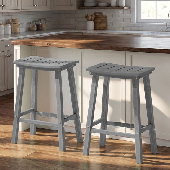 Outdoor Bar Stools Set of 2, 24 Inch Counter Height HDPE Patio Stools, 500 lbs Heavy Duty Saddle Seat Bar Chairs for Kitchen Island, Balcony & Backyard (Gray)