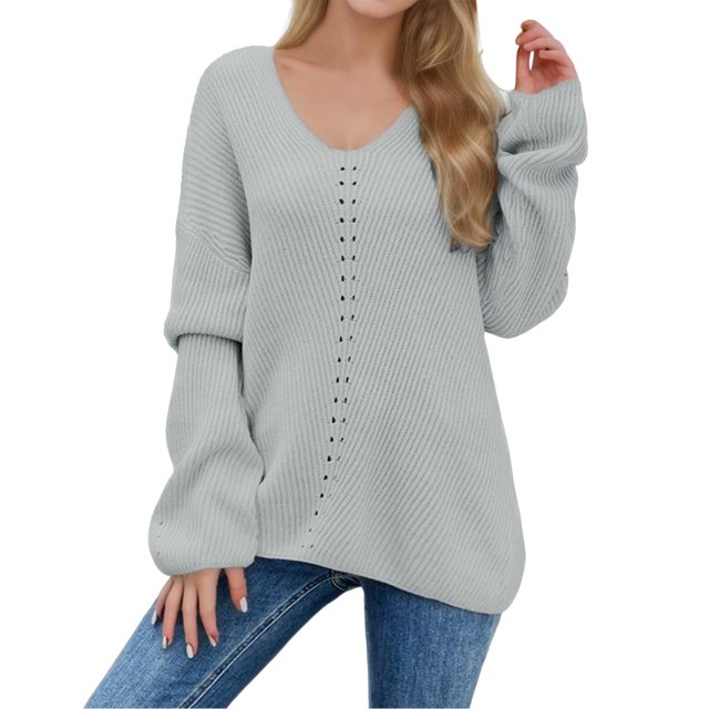 Gibobby Suéter para mujer, Suéter con cuello en V para mujer, estilo coreano, a rayas, de punto ajustado(Gris,XG)