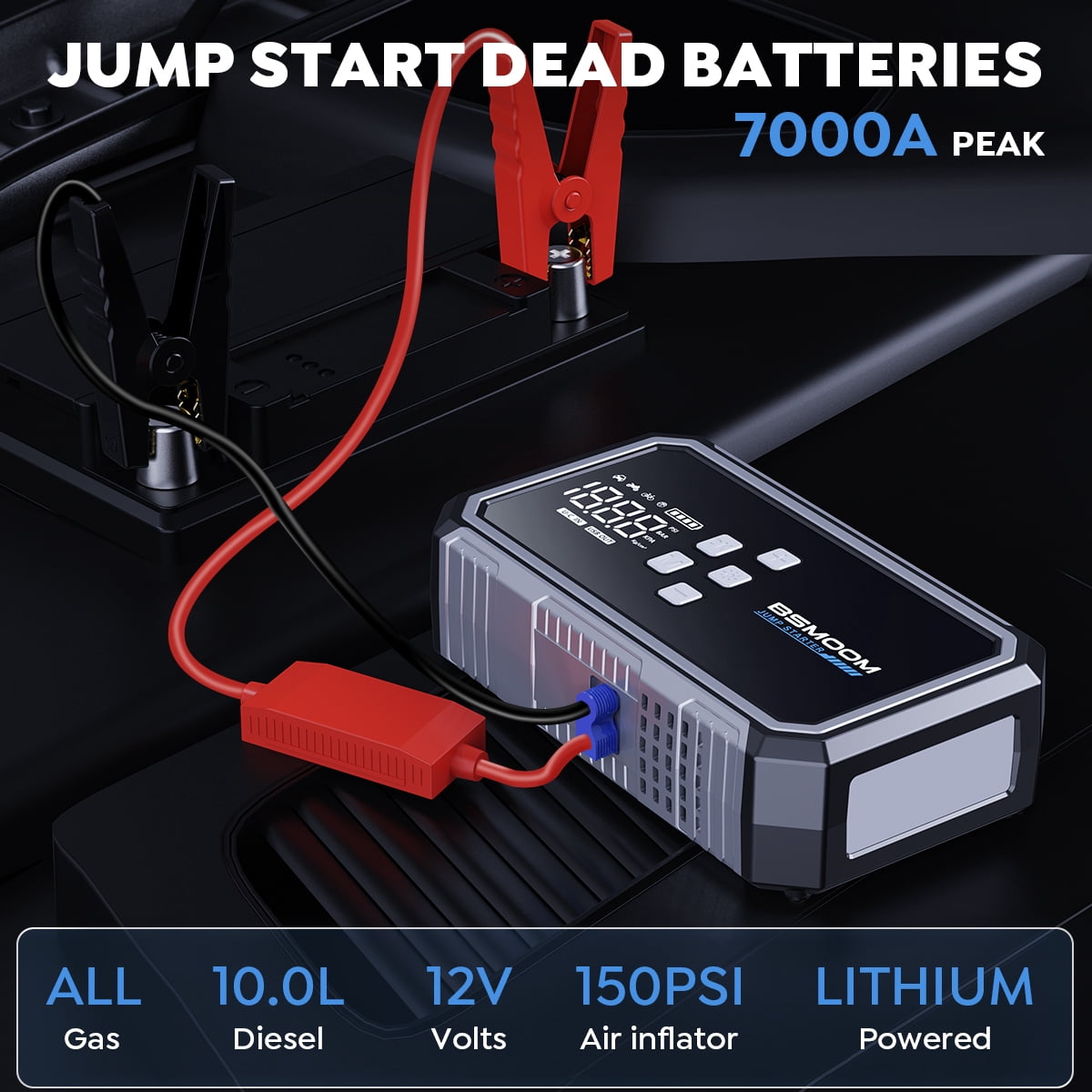BSMOOM 7000A Jump Starter with Air Compressor, 21800mAh Car Battery Jump Starter (All Gas/10.0L Diesel) with 160PSI Tire Inflator, 12V Portable Jump Box with Booster, Jumper Cables