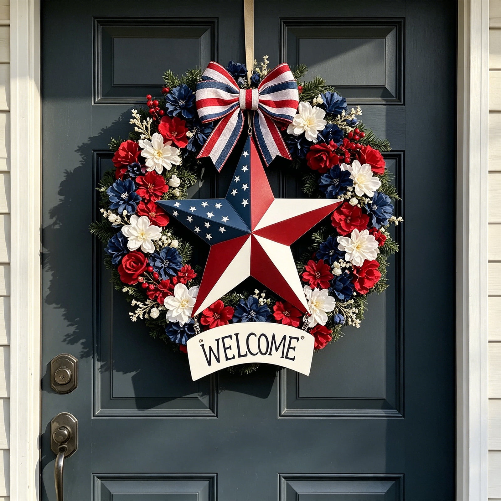 Metal Barn Star Welcome Sign Hanging Decor, Rustic Farmhouse Wall Art for Porch Window Garage, Large Galvanized Star Ornament for Indoor Outdoor Use