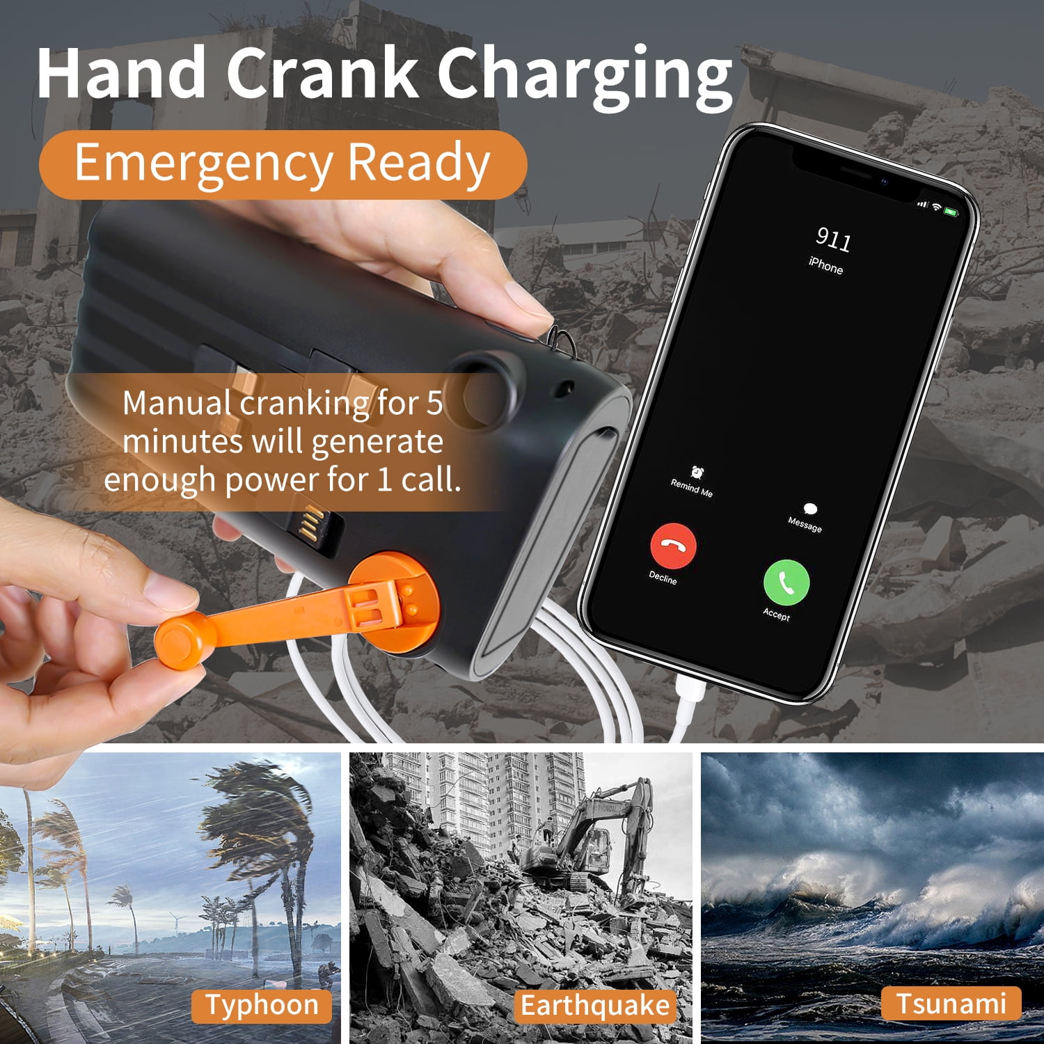 61200mAh Solar Power Bank with Hand Crank, Built-in 4 Cables, 15W Fast Charging, Type-C In/Out, LED Flashlight with SOS/Strobe, Portable Charger for iPhone and Android