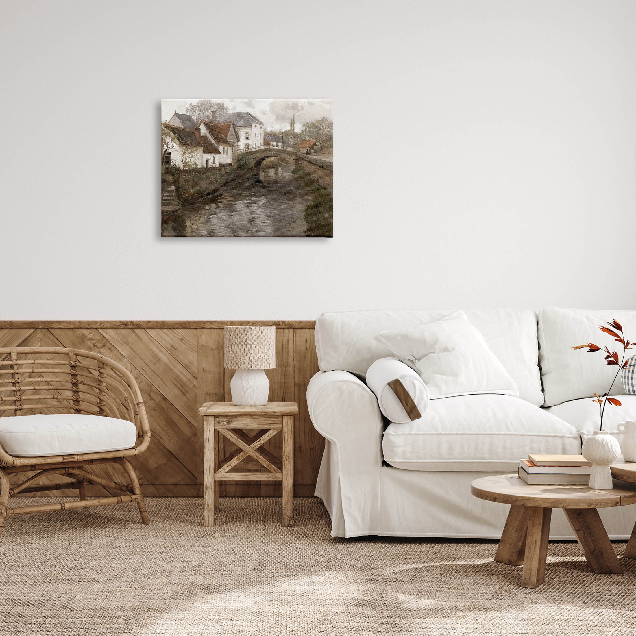 Classic Canal Neighborhood Scenery Landscape Painting Gallery Wrapped Canvas Print Wall Art