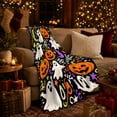 thumbnail image 3 of Smiling Ghosts with Jack O Lanterns and Moons, Checker Star Party Motif Cozy Flannel Blanket, Bright autumn celebration Art for families, 3 of 7