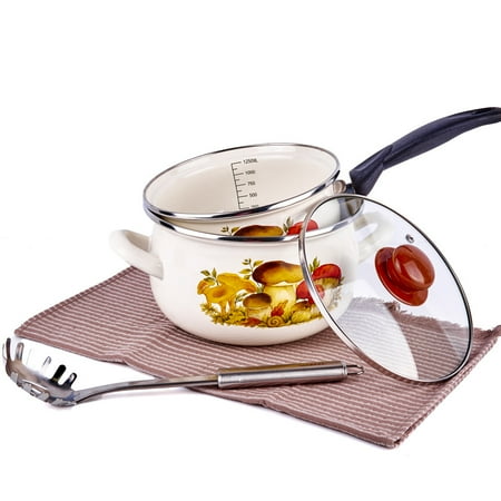 

Enameled Aluminum Pot with Glass Lid Essential Mushrooms Enamel Set with Complimentary Kitchen Towel and Ladle Belly Saucepan without Lid Cookware Soup Pot