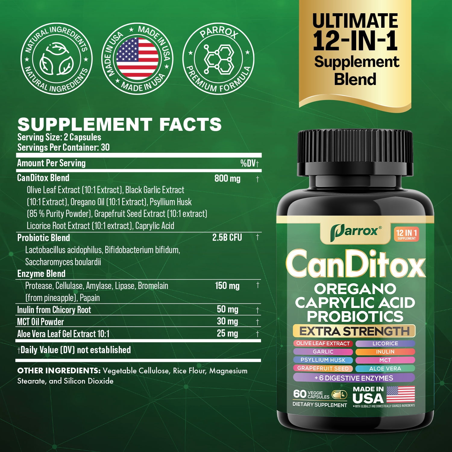 Parrox CanDitox Capsules, Oregano, Caprylic Acid, Garlic, Olive Leaf, Psyllium Husk, Licorice, Probiotics, Inulin, Aloe Vera, MCT Oil, Grapefruit Seed, Digestive Enzymes, Bromelain, Lipase (3 Pack)