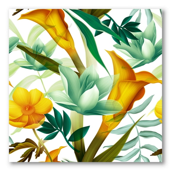 Designart ' Yellow Flowers and Tropical Foliage III ' Modern Canvas Wall Art Print
