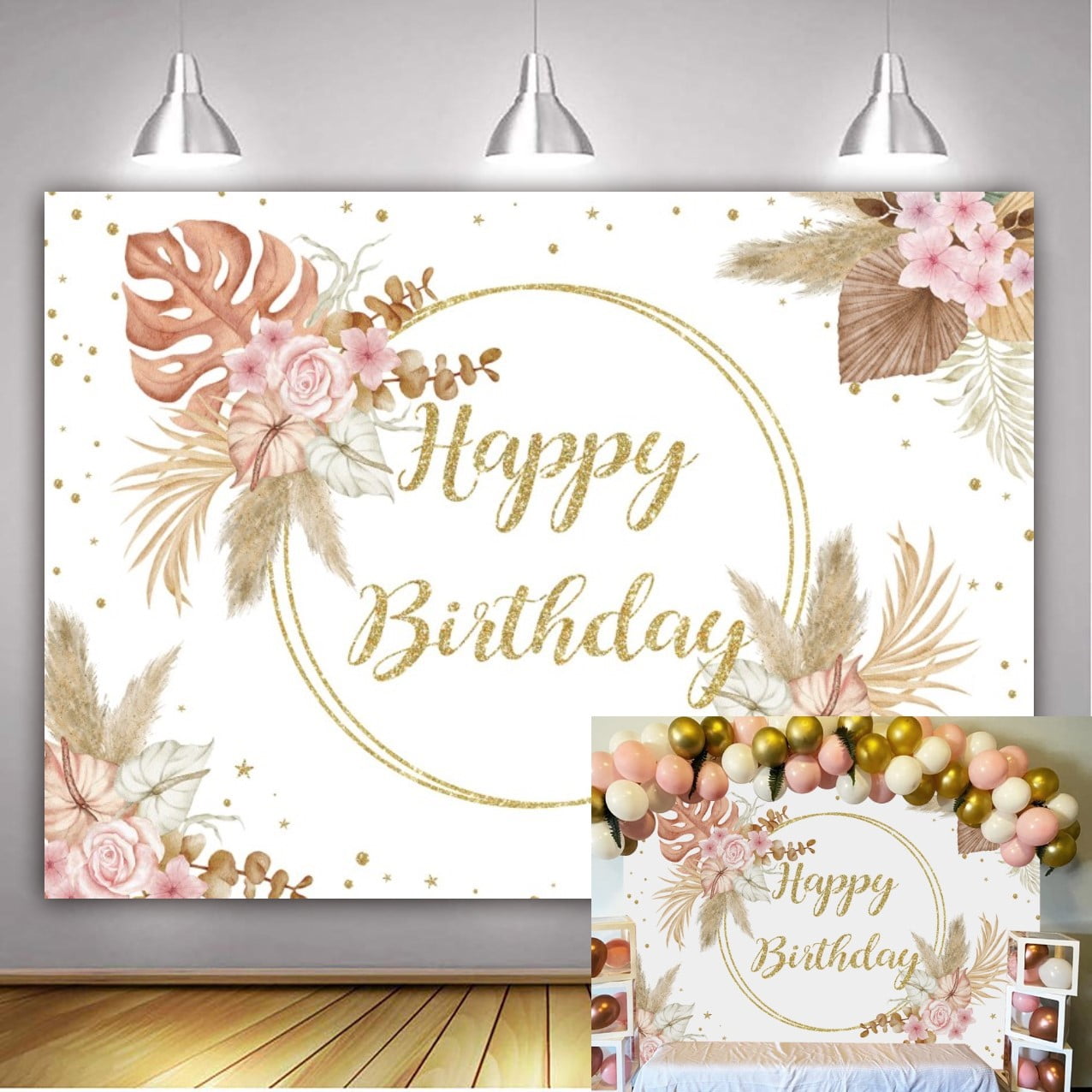 Happy Birthday Hintergrund „Rosa Rose Gold“ – 2,13x1,52 M, Aus Polyester, Mit Pampasgras & Glitzer-Muster