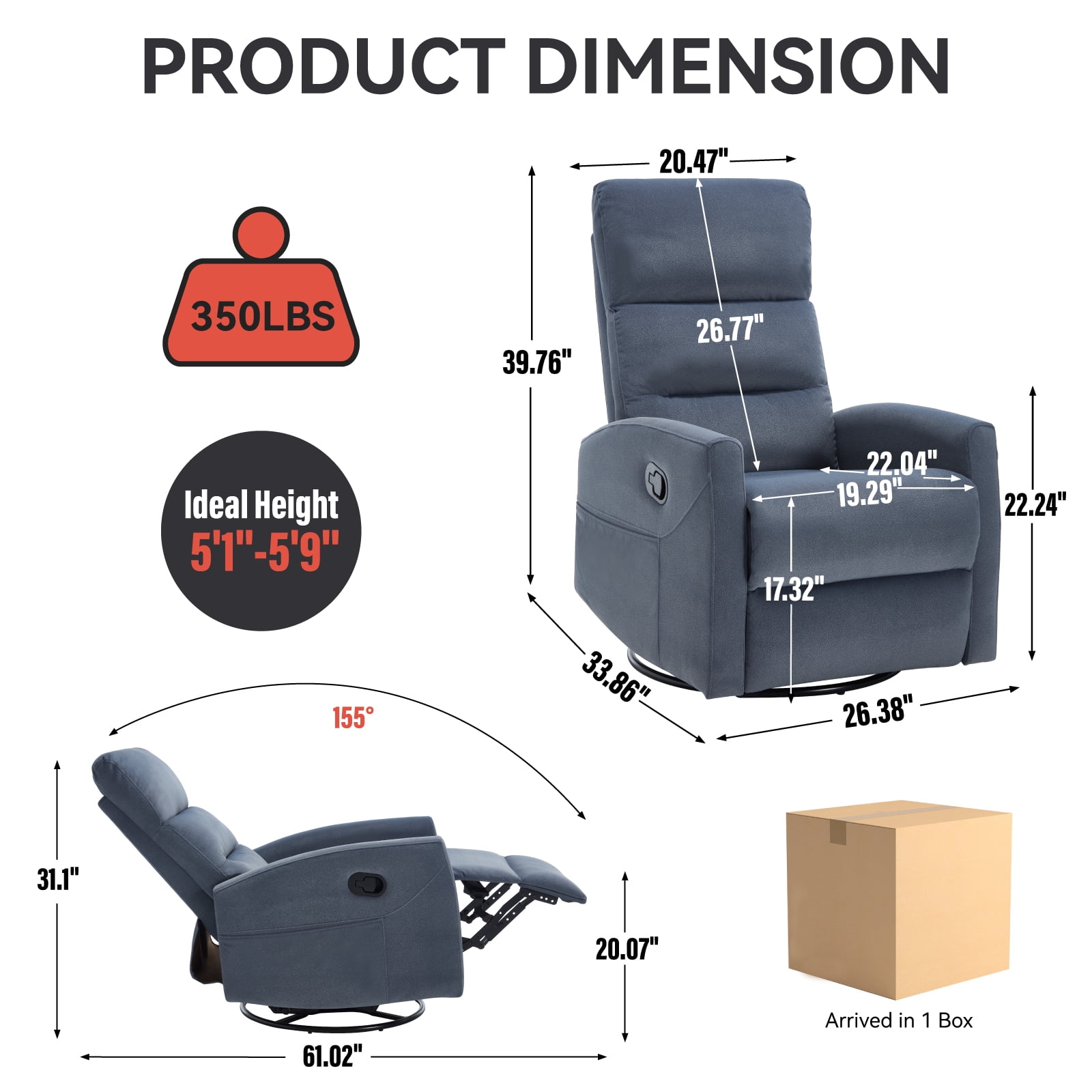 Aukfa 360° Swivel Manual Recliner Chair, Overstuffed Nursery Glider Chair for Living Room, Gray