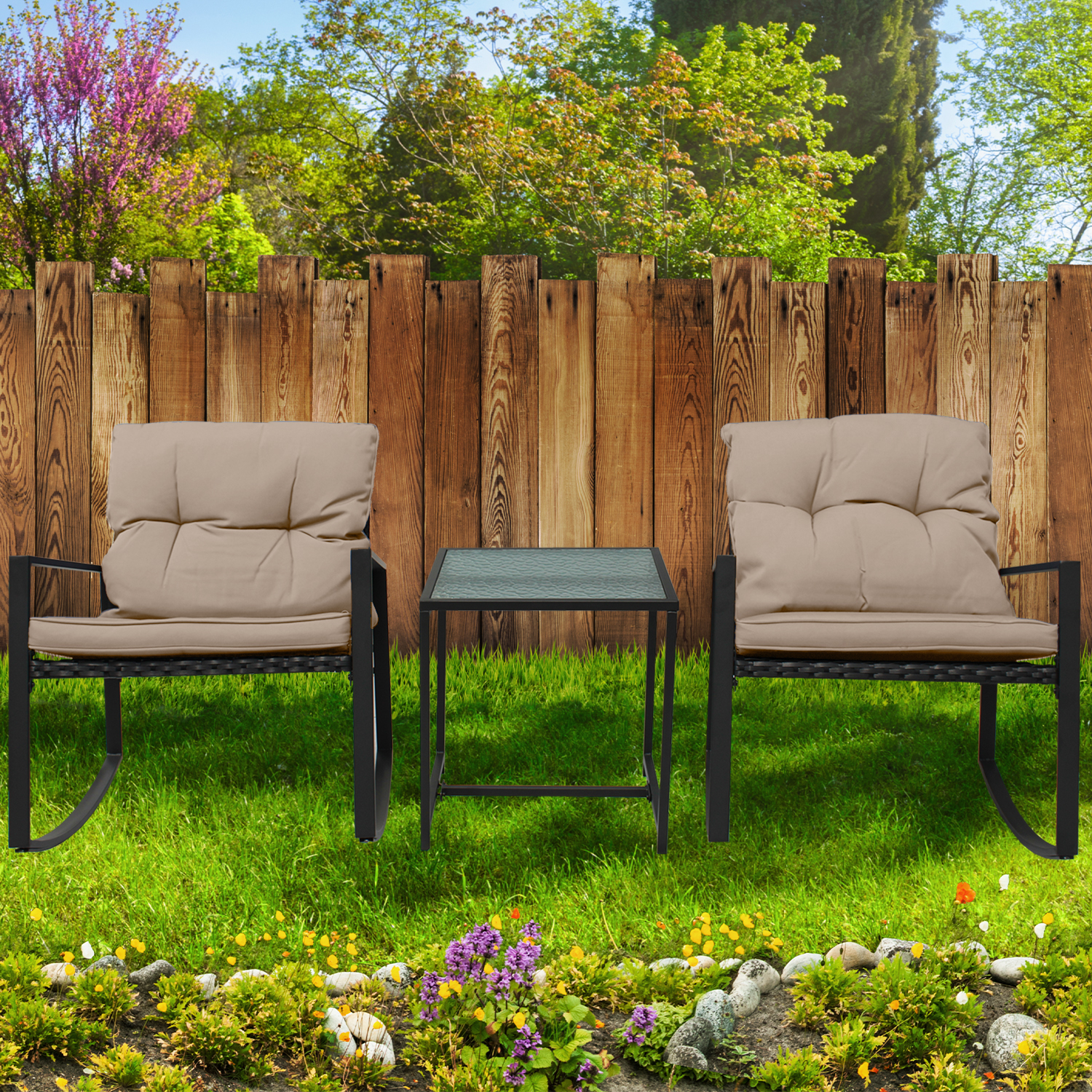 Patio 3-Piece Rocking&nbsp;Rocking Chair Set: Black Wicker Furniture-Two Chairs with Glass&nbsp;occasional&nbsp;Table - image 4 of 7