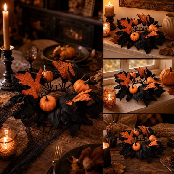 WYBXZ Halloween Candle Ring Pumpkin Wreath Decor Black Maple Leaf Candle Holder Wreath for Table Mantel 39.4x27.6x0.2in