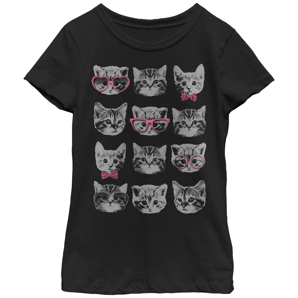 Girl's Lost Gods Nerd Kittens  Graphic Tee Black Small