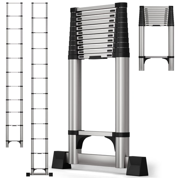 12.5Ft Telescoping Extension Ladder, Stainless Steel Folding Telescopic Ladder With Locking Mechanism, Multi-Purpose Collapsible Ladder For Home Or Rv Outdoor Work, Bearing 330lbs Ladder Strap V3