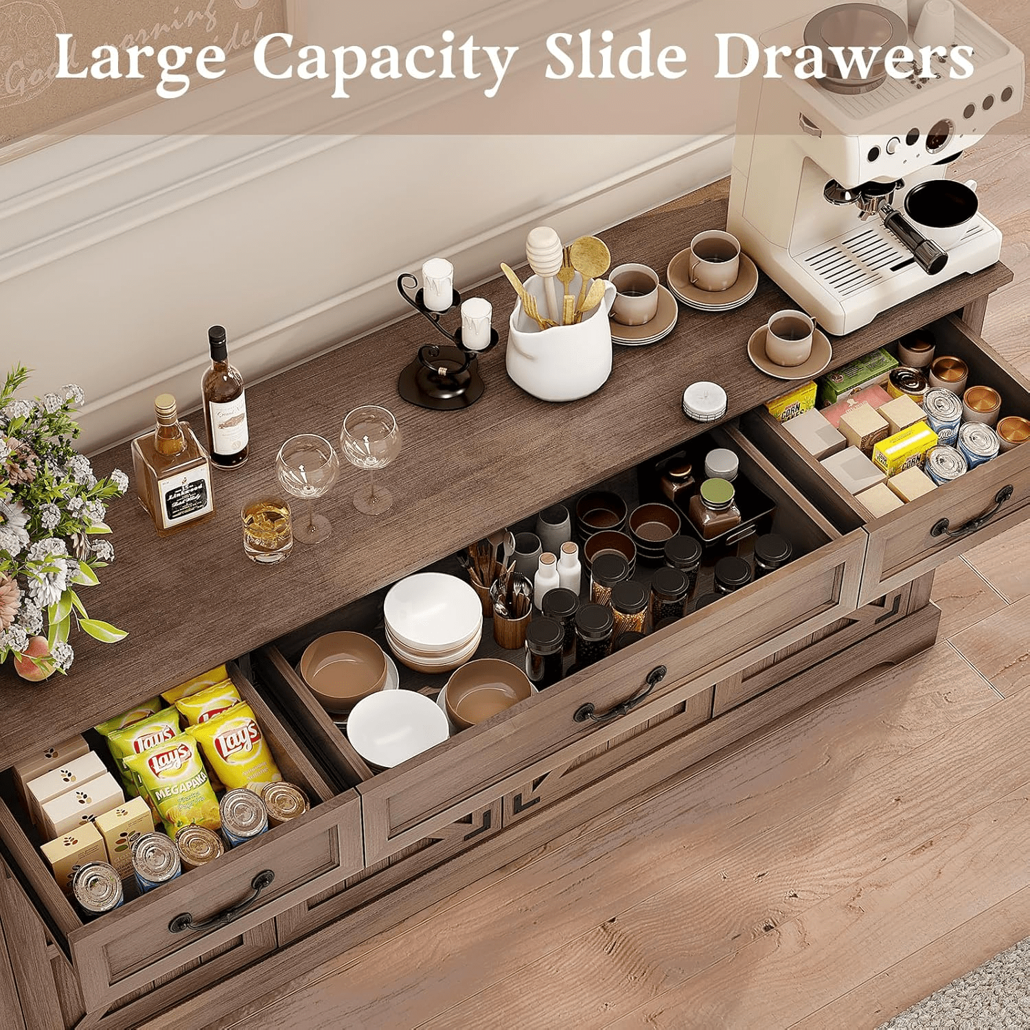 Farmhouse Sideboard Buffet Cabinet with Storage, 64.6'' Large Kitchen Storage Cabinet with Barn Doors Drawers, Wood Coffee Bar Table for Dining Room Living Room,  Brown