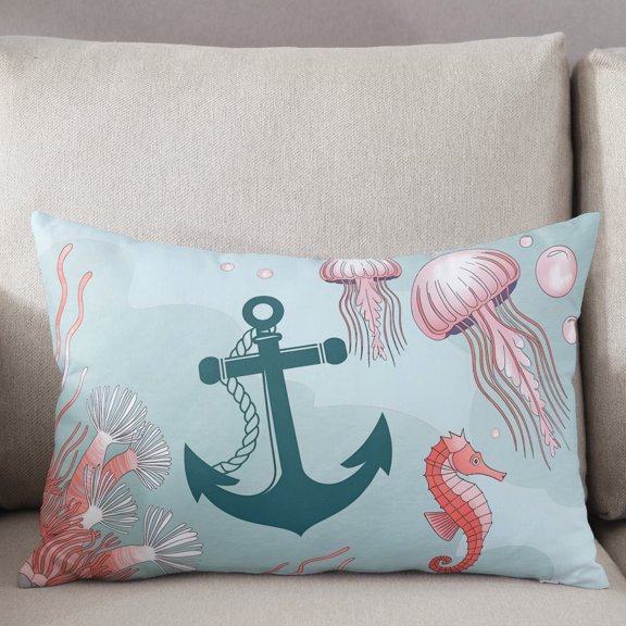 Decorative Pillow Cover 16x24 Inch Ocean Coastal Lumbar Pillow Cover Nautical Anchor Jellyfish Seahorse Turquoise Soft Cushion Covers for Sofa Couch Bed, Living Room Home Decor