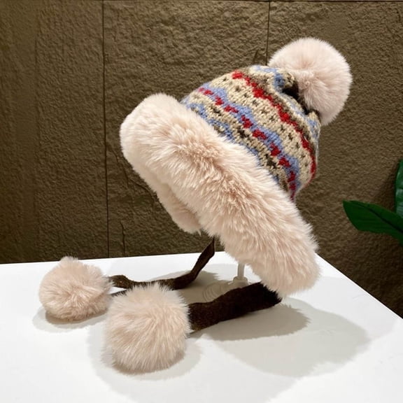 Cadancy Womens Winter Hat with Pom Pom Furry Fleece Ear Flaps Russian Sherpa Ski Snow Caps Cute Sherpa Knitted Skull Cap Outdoor Warm Stocking Hats