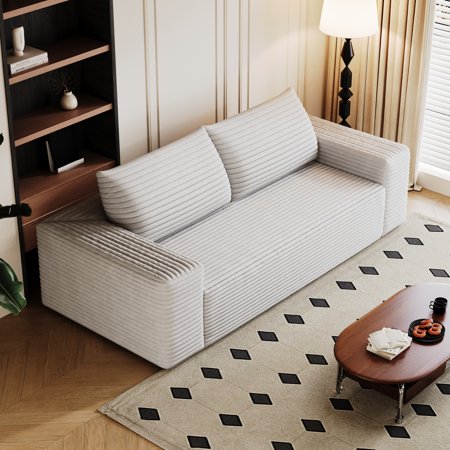 71" 3-Seater Sofa, Corduroy Fabric, Deep Seat Couches, Comfy Loveseat Sofa, No Assembly, Modern Velvet Sofa for Living Room, Bedroom, Apartment, White