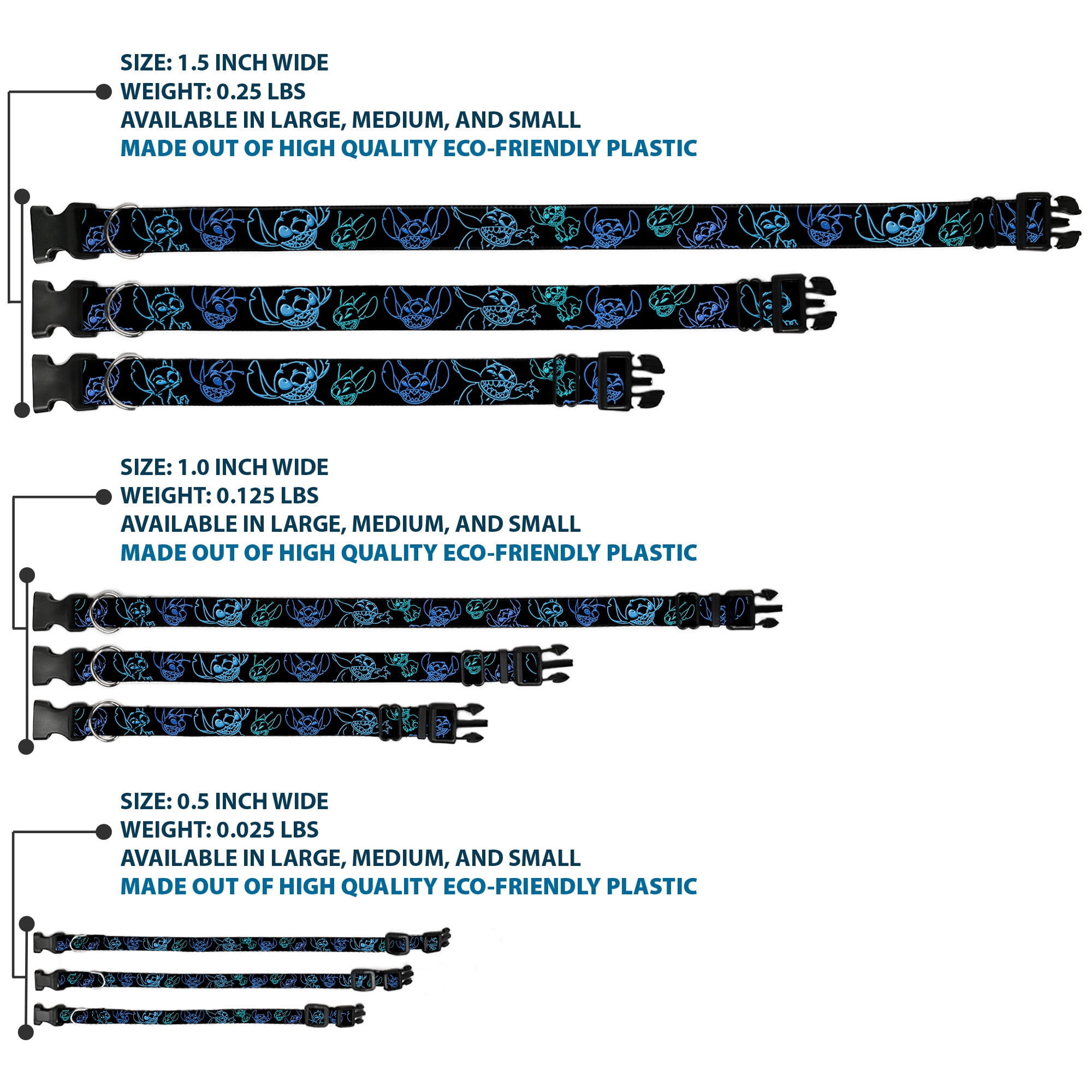 Disney Pet Collar, Dog Collar Plastic Buckle, Electric Stitch Poses Black Neon Blue, 15 to 24 Inches 1.0 Inch Wide