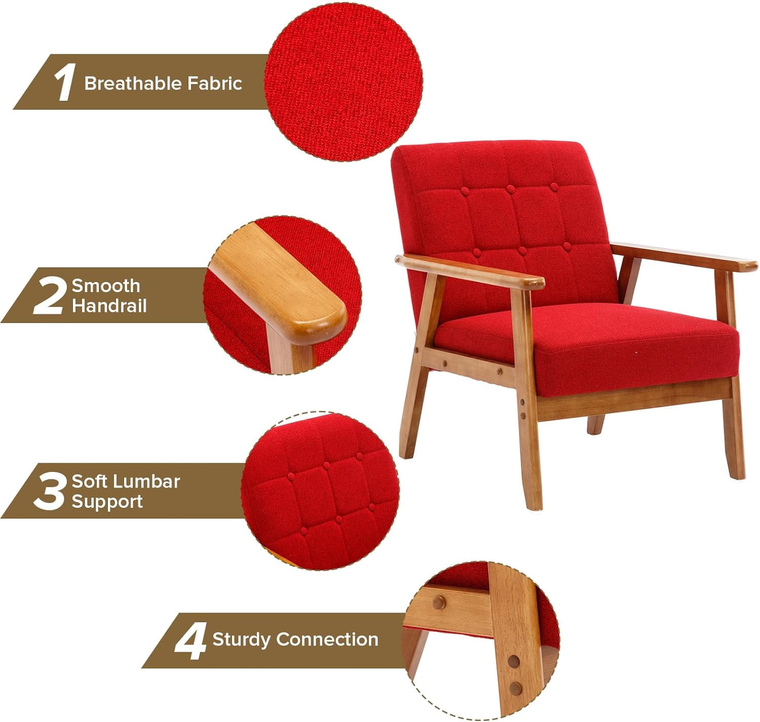 Ufurpie Set of 2 Accent Chairs with Side Table,Mid Century Modern Linen Fabic Chair,Upholstery Armchair for Living Room,Bedroom,Office,Red