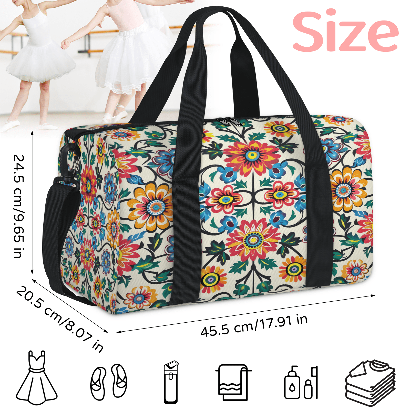 Herdesigns Mexico Floral Boho Gym Bag for Women, Duffle Bag for Travel Sport, Lightweight Waterproof Carry on Weekender Overnight Dance Yoga Workout Bags