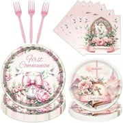First Communion Plates and Napkins Decorations for Girls, 96PCS Pink Baptism Party Decoration Supplies, Christening First Holy Confirmation Tableware Set
