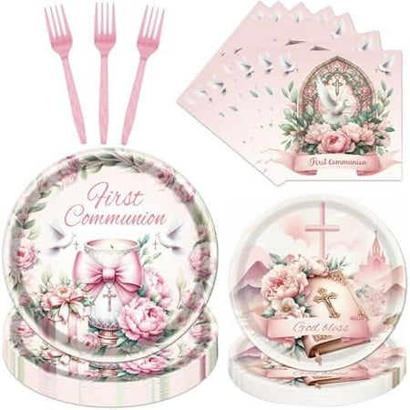 First Communion Plates and Napkins Decorations for Girls, 96PCS Pink Baptism Party Decoration Supplies, Christening First Holy Confirmation Tableware Set