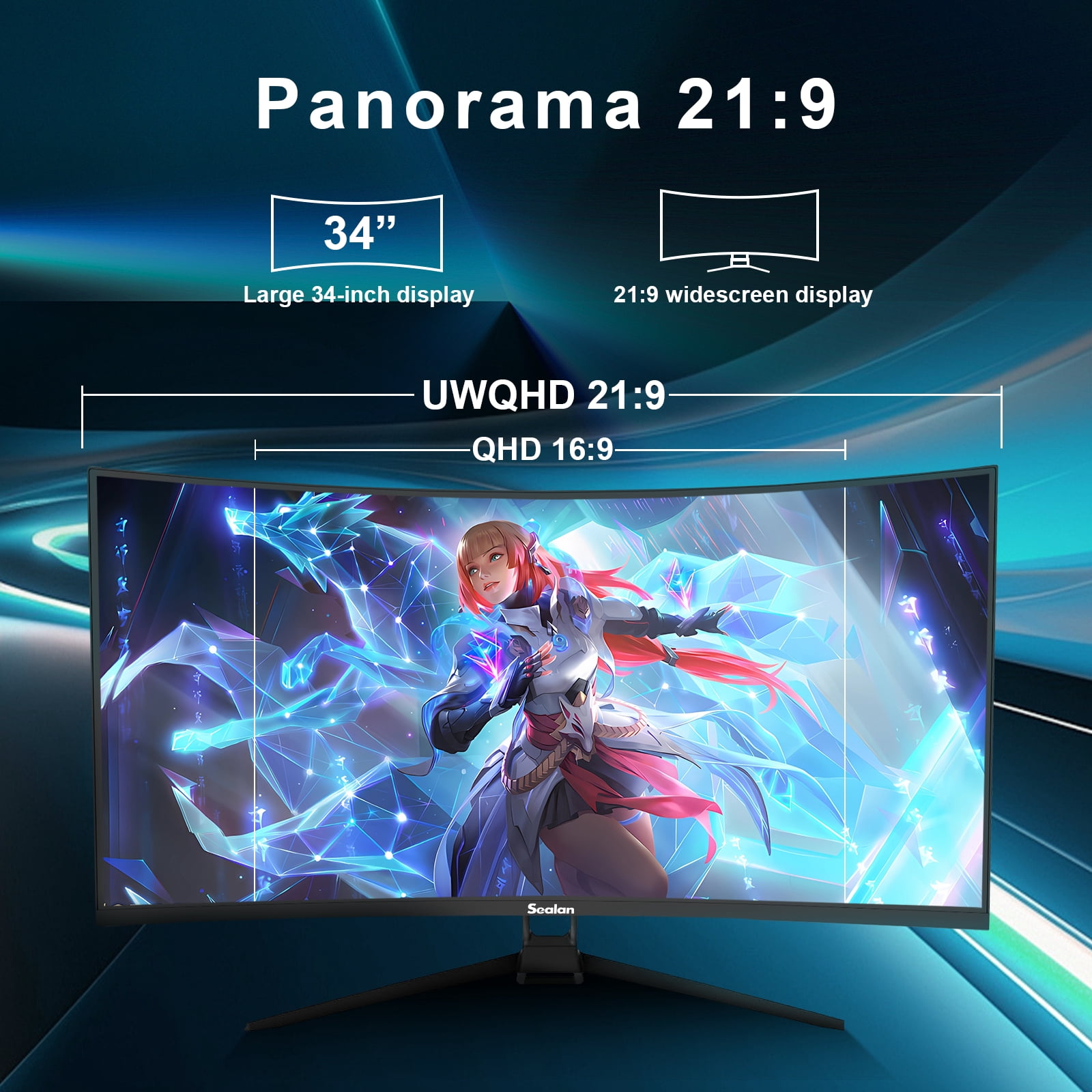 Sealan 34 inch Ultrawide Curved Computer Gaming Monitor 165Hz UWQHD 3440x1440,1500R -PIP,1ms (MPRT),HDR, 300nits, sRGB99%,FreeSync,HDMI2.0(TMDS) x2,DP1.4 x2,Eye Care,Support Wallmount 75x75mm